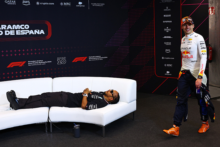 Lewis Hamilton and Max Verstappen after the Spanish GP at Circuit de Barcelona-Catalunya, June 23, 2024.