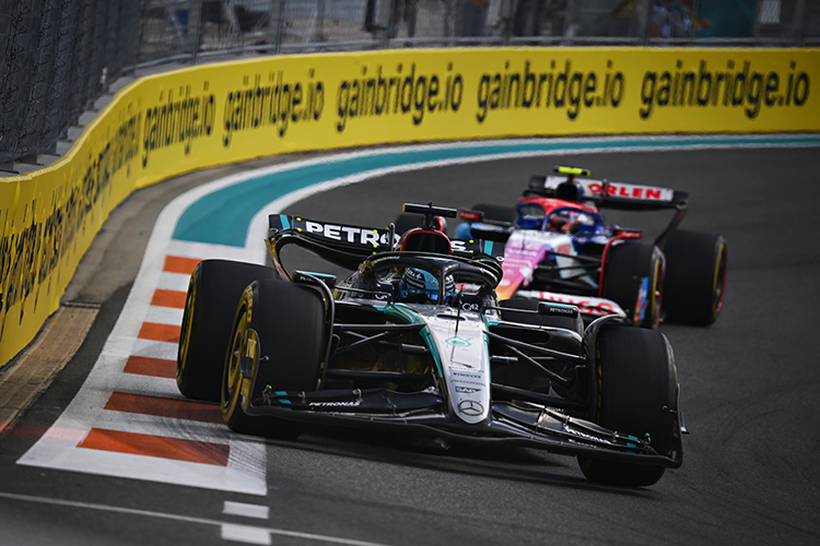 George Russell leads Yuki Tsunoda on track during the Miami GP at Miami International Autodrome, May 5, 2024.