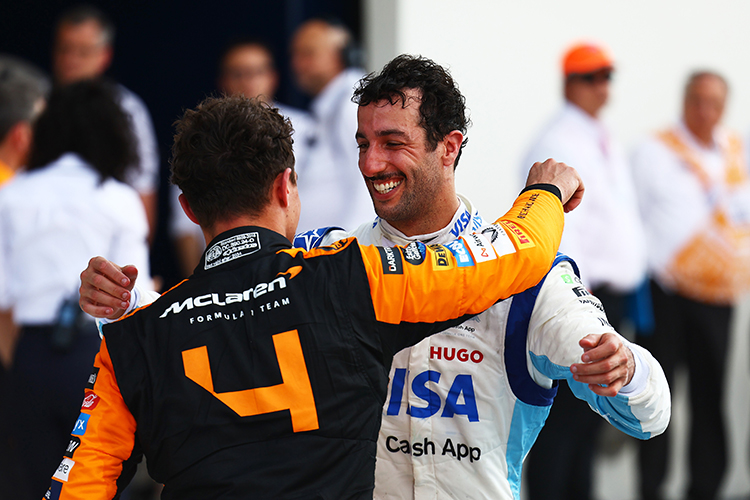 Lando Norris celebrates with Daniel Ricciardo in parc ferme after winning the Miami GP at Miami International Autodrome, May 5, 2024.