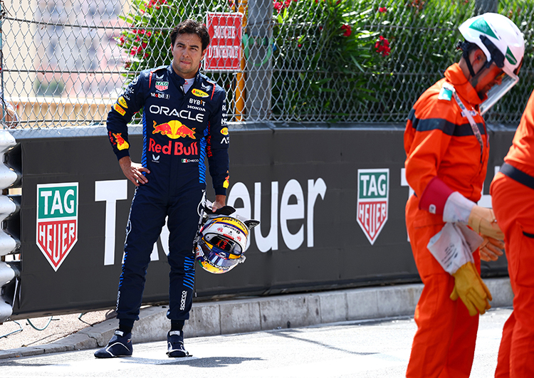 Sergio Perez looks on after crashing at the start of the Monaco GP at Circuit de Monaco, May 26, 2024.