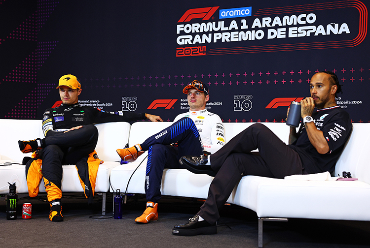 Max Verstappen, Lando Norris, and Lewis Hamilton speak during the press conference after the Spanish GP at Circuit de Barcelona-Catalunya, June 23, 2024.