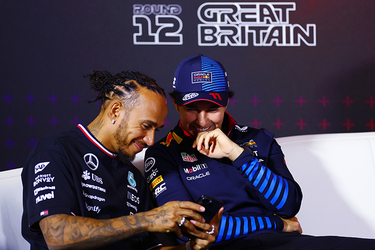 Lewis Hamilton and Sergio Perez attend the Drivers Press Conference ahead of the British GP at Silverstone Circuit, July 4, 2024.