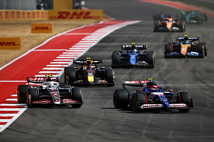 Yuki Tsunoda leads Nico Hulkenberg during the Sprint ahead of the United States GP at Circuit of The Americas, October 19, 2024.