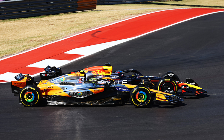 Max Verstappen and Lando Norris battle for position at the start of the United States GP at Circuit of The Americas, October 20, 2024.