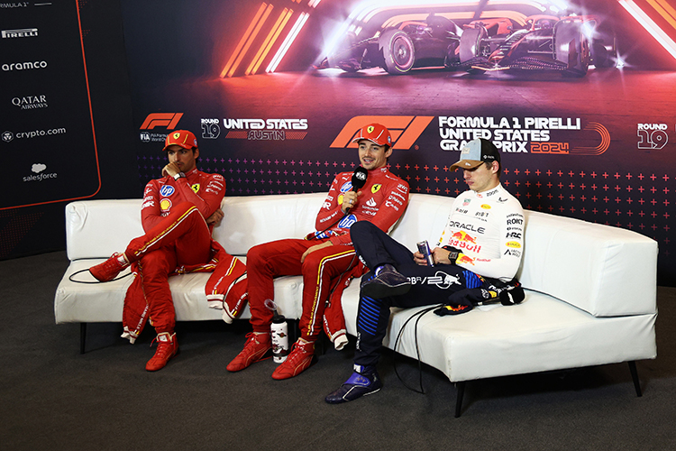 Charles Leclerc, Carlos Sainz, and Max Verstappen attend the Drivers Press Conference after the United States GP at Circuit of The Americas, October 20, 2024.