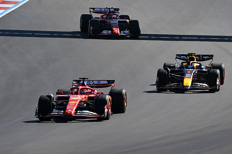 Charles Leclerc leads Max Verstappen on track during the United States GP at Circuit of The Americas, October 20, 2024.