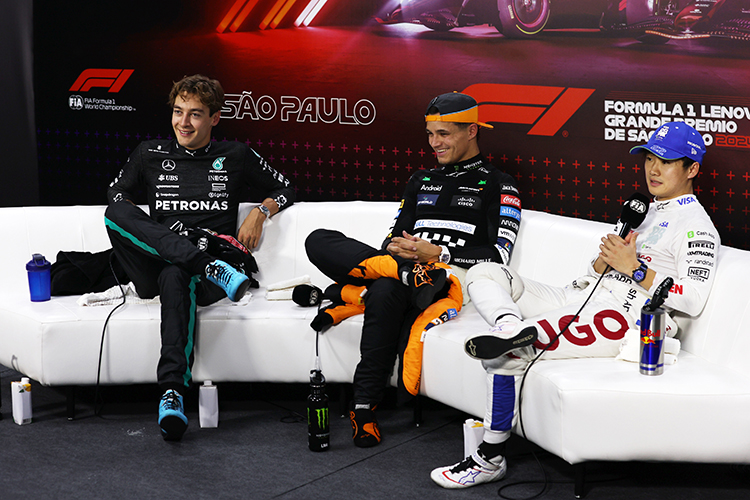 Lando Norris, George Russell, and Yuki Tsunoda attend the press conference after qualifying for the Brazilian GP at Autodromo Jose Carlos Pace, November 3, 2024.