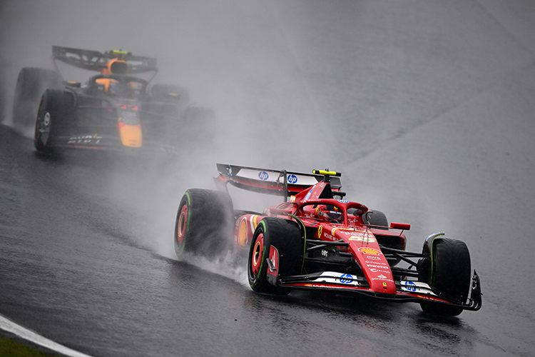 Carlos Sainz leads Sergio Perez on track during the Brazilian GP at Autodromo Jose Carlos Pace, November 3, 2024.