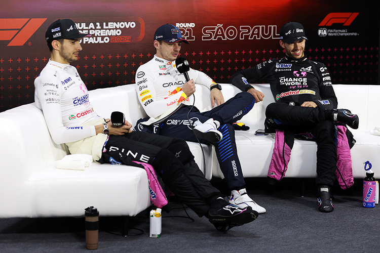 Max Verstappen, Esteban Ocon, and Pierre Gasly attend the Drivers Press Conference after the Brazilian GP at Autodromo Jose Carlos Pace, November 3, 2024.