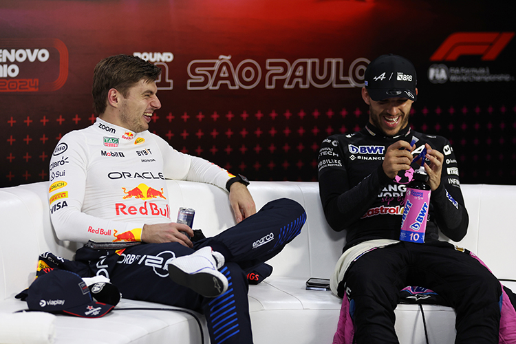 Max Verstappen and Pierre Gasly attend the Drivers Press Conference after the Brazilian GP at Autodromo Jose Carlos Pace, November 3, 2024.