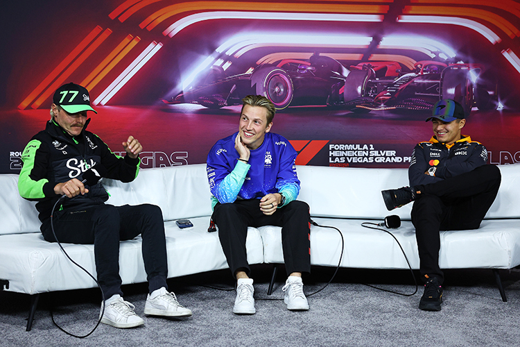 Valtteri Bottas, Liam Lawson, and Lando Norris attend the Drivers Press Conference ahead of the Las Vegas GP at Las Vegas Strip Circuit, November 20, 2024.