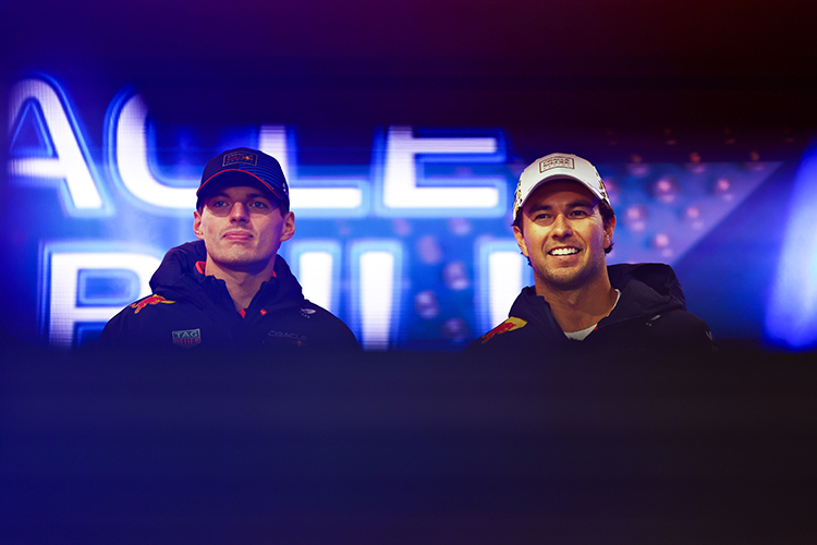 Max Verstappen and Sergio Perez talk to the crowd on the fan stage before final practice for the Las Vegas GP at Las Vegas Strip Circuit, November 22, 2024.