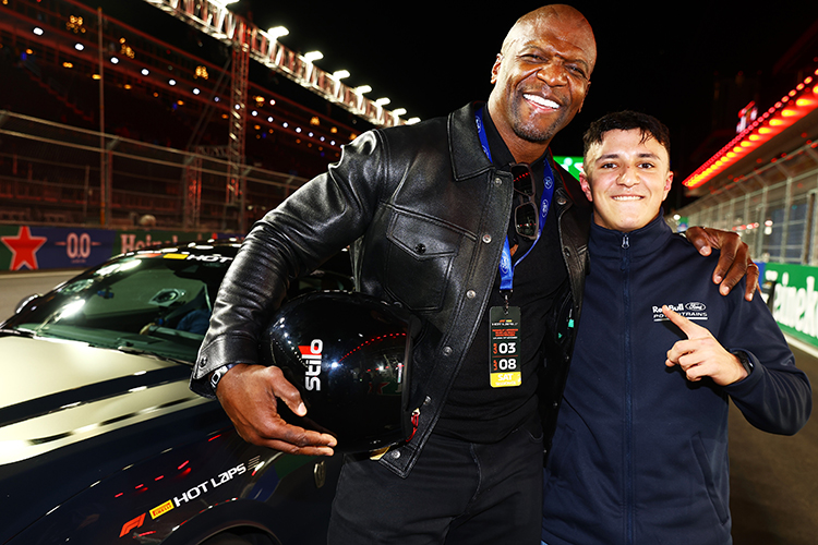 Terry Crews and Isack Hadjar prepare for a Pirelli Hot Lap before the Las Vegas GP at Las Vegas Strip Circuit, November 23, 2024.