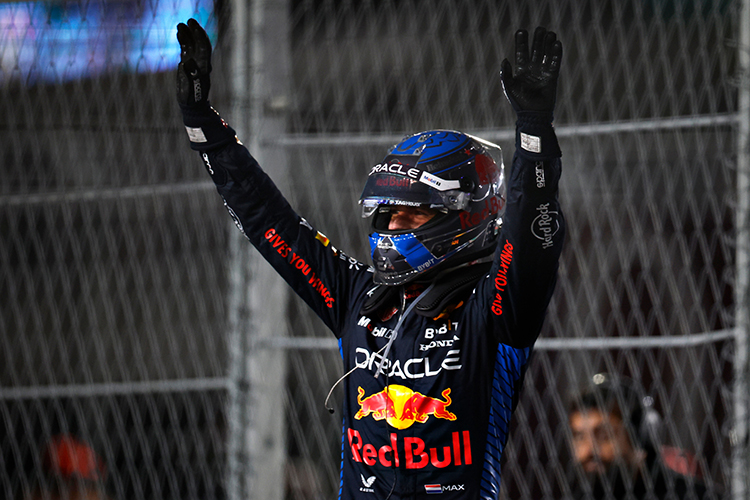 2024 F1 World Drivers Champion Max Verstappen of the Netherlands and Oracle Red Bull Racing celebrates in parc ferme after the F1 Grand Prix of Las Vegas at Las Vegas Strip Circuit on November 23, 2024.