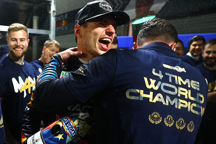 2024 F1 World Drivers Champion Max Verstappen of the Netherlands and Oracle Red Bull Racing celebrates with his team in the Paddock after the F1 Grand Prix of Las Vegas at Las Vegas Strip Circuit on November 23, 2024.