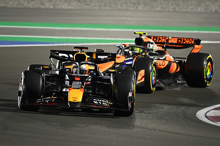 Max Verstappen of the Netherlands leads Lando Norris of Great Britain on track during the 2024 F1 Grand Prix of Qatar at Lusail International Circuit on December 01, 2024.